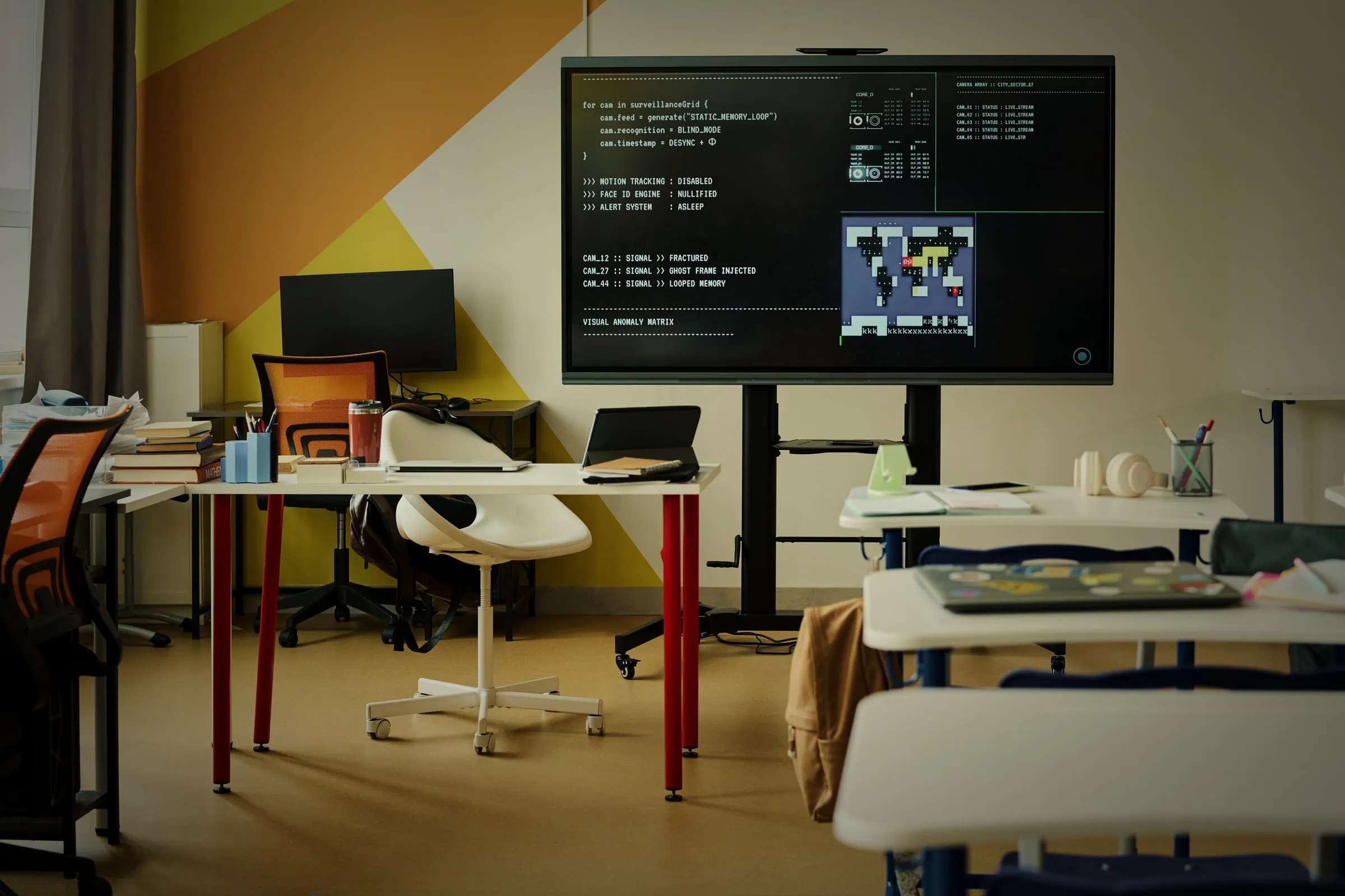 Klassenzimmer mit großem digitalem Display und Arbeitsplätzen.